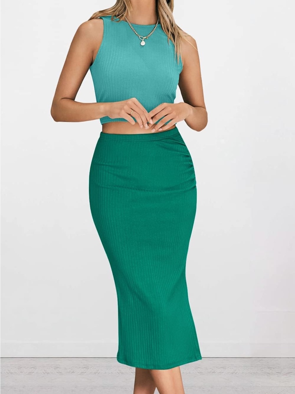 Ribbed Midi Pencil Skirt set Ombré green- Teal skirt set size M